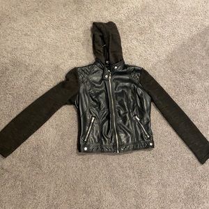 Leather Jacket with Knit Sleeves